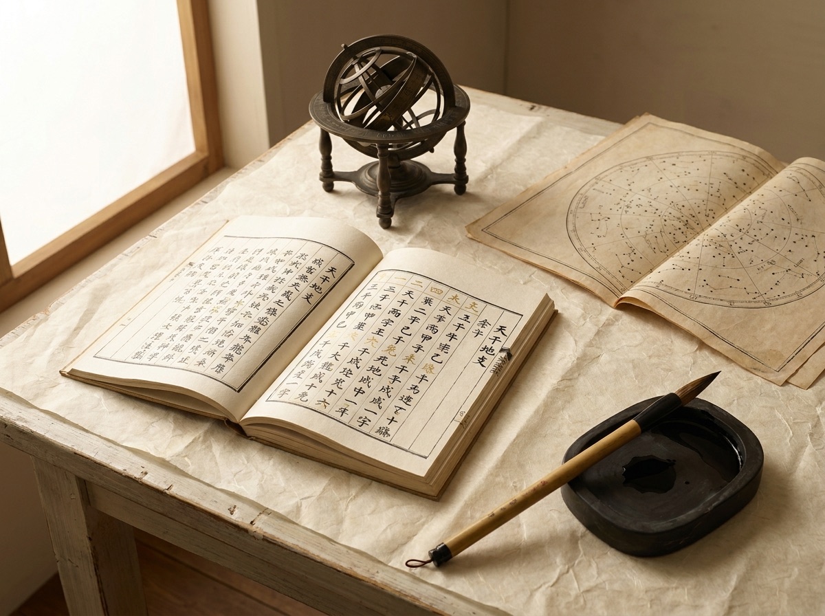 A scholar’s desk of Myeongni: an armillary sphere, sexagenary-cycle tables, brush and inkstone — astronomy and calendar science, not fortune-telling.