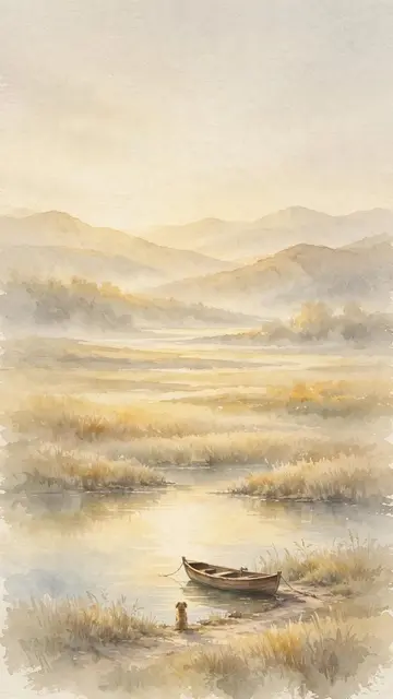 Watercolor phone wallpaper preview: a small dog at the water's edge at dawn, in a autumn landscape in the colors of Earth