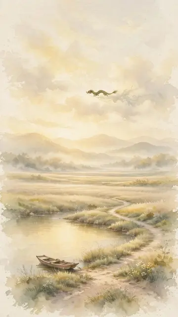 Watercolor phone wallpaper preview: a small dragon at the water's edge at dawn, in a spring landscape in the colors of Earth