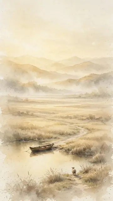 Watercolor phone wallpaper preview: a small goat at the water's edge at dawn, in a summer landscape in the colors of Earth