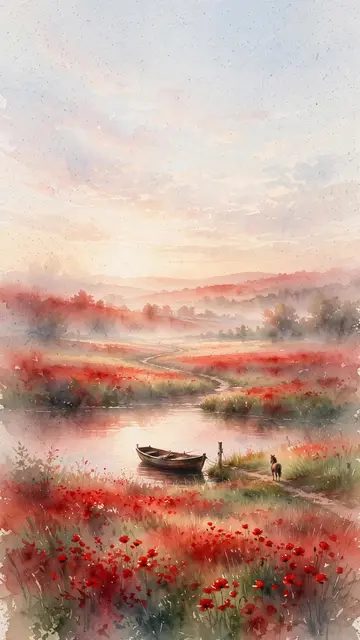 Watercolor phone wallpaper preview: a small horse at the water's edge at dawn, in a summer landscape in the colors of Fire
