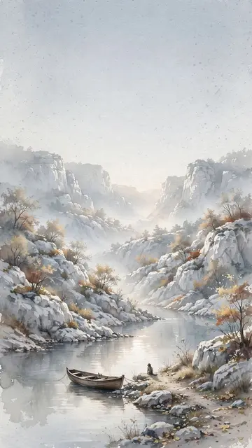 Watercolor phone wallpaper preview: a small monkey at the water's edge at dawn, in a autumn landscape in the colors of Metal