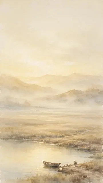 Watercolor phone wallpaper preview: a small ox at the water's edge at dawn, in a winter landscape in the colors of Earth