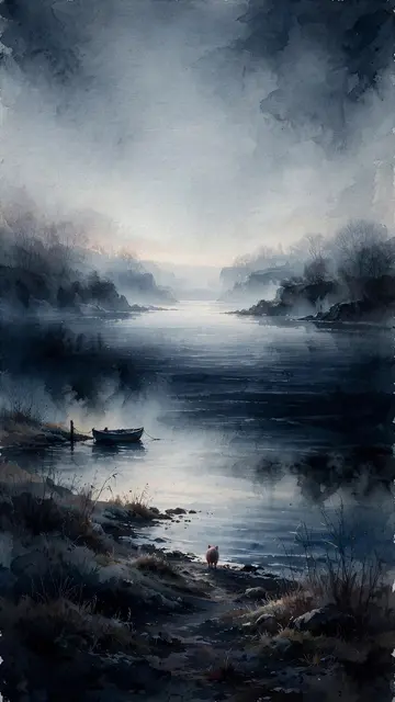 Watercolor phone wallpaper preview: a small pig at the water's edge at dawn, in a winter landscape in the colors of Water