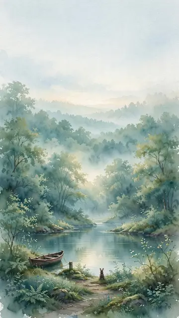 Watercolor phone wallpaper preview: a small rabbit at the water's edge at dawn, in a spring landscape in the colors of Wood
