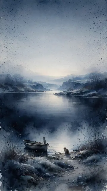 Watercolor phone wallpaper preview: a small rat at the water's edge at dawn, in a winter landscape in the colors of Water