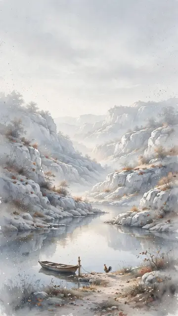 Watercolor phone wallpaper preview: a small rooster at the water's edge at dawn, in a autumn landscape in the colors of Metal