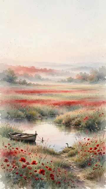 Watercolor phone wallpaper preview: a small snake at the water's edge at dawn, in a summer landscape in the colors of Fire