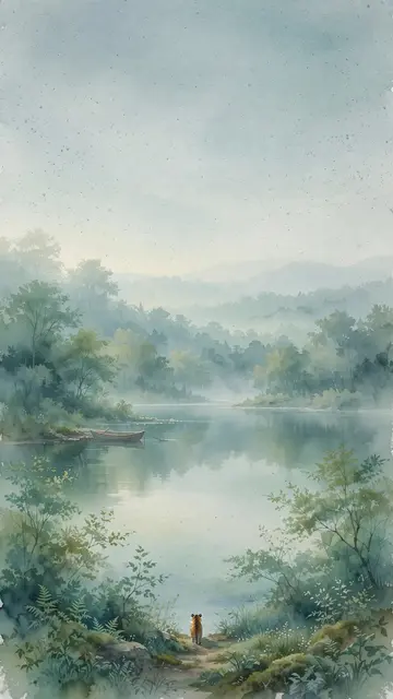 Watercolor phone wallpaper preview: a small tiger at the water's edge at dawn, in a spring landscape in the colors of Wood